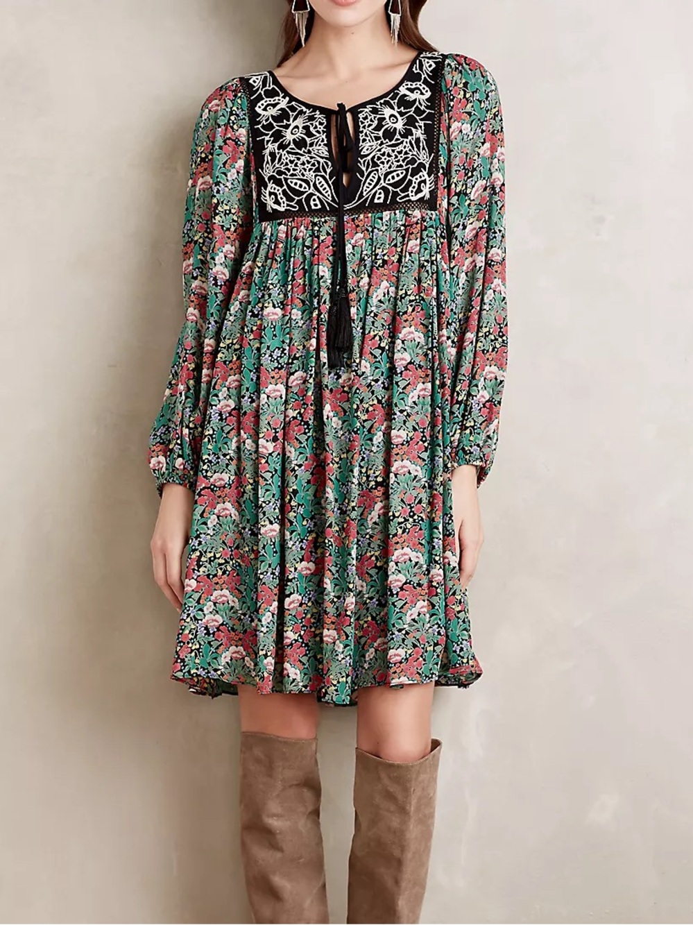 Anthropologie Floreat Ottava Peasant Dress in Black Motif Floral size Large